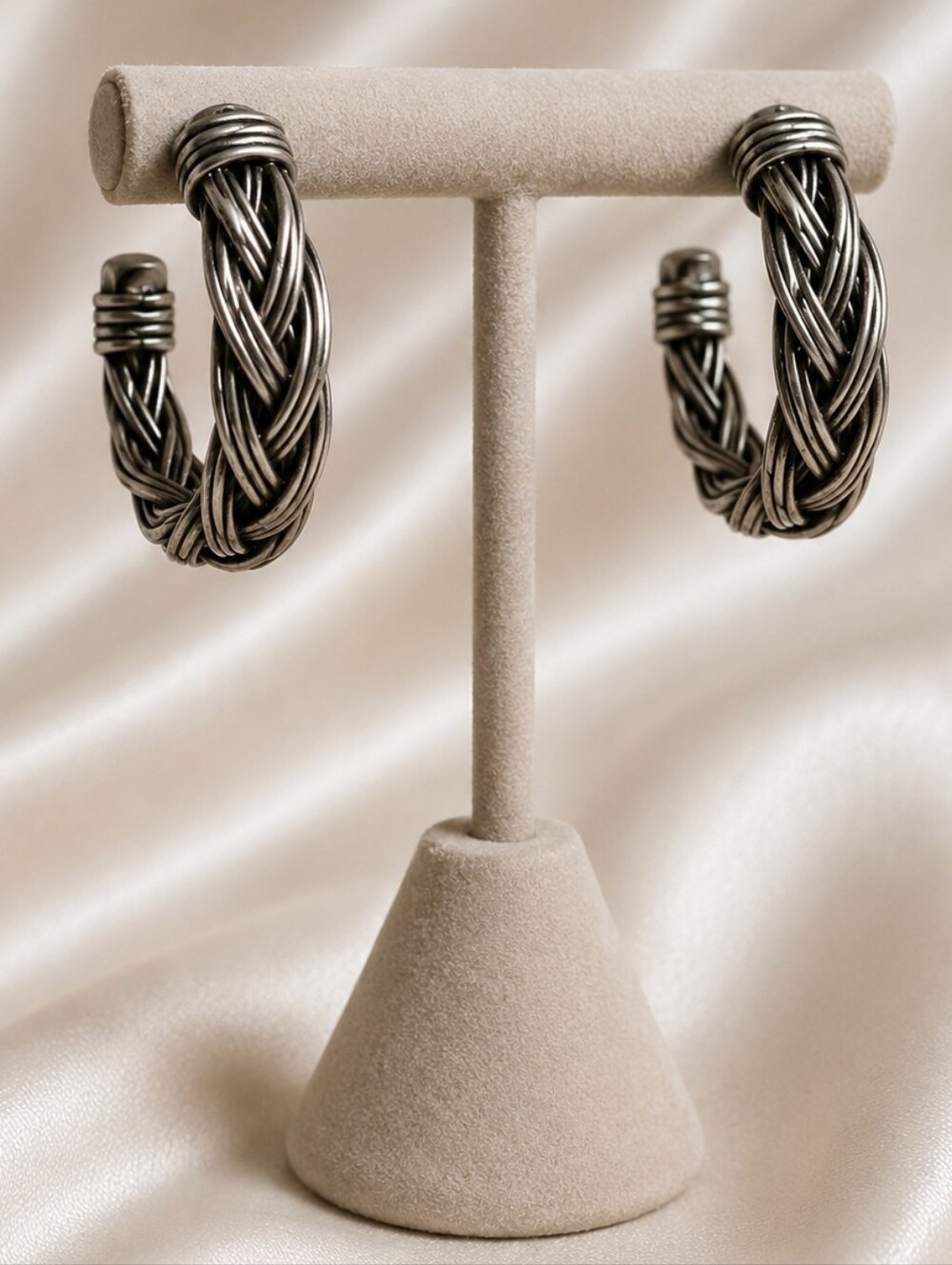 Y2K Vintage Silver Tone Oxidized Woven Braided Rope Hoop Post Earrings